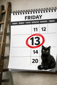 Calendar showing Friday the 13th circled, with black cat and ladder in background suggesting common superstitions.