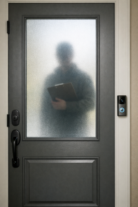 Closed front door with a video doorbell and a person outside holding a clipboard, illustrating doorstep scam awareness