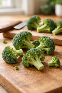 Fresh green broccoli florets on a wooden kitchen board