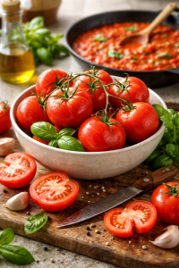 A variety of ripe tomatoes and homemade tomato sauce on a kitchen table