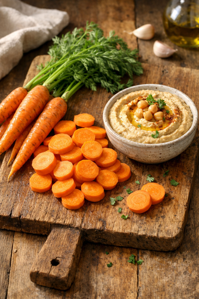 Fresh whole and sliced carrots on a wooden board with hummus dip