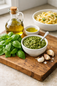 Fresh basil leaves and pesto on a wooden board beside pasta and olive oil in a home kitchen