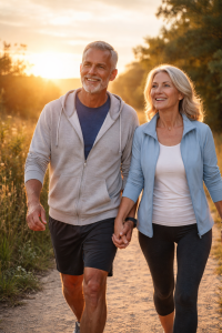 Active older adults walking outdoors, representing healthy ageing and longevity