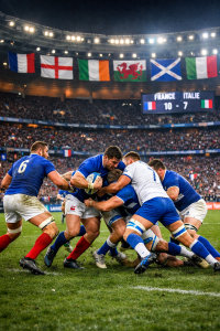 Packed Six Nations stadium during Round 3 with players in a high-impact tackle under floodlights