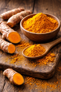 Fresh turmeric root and turmeric powder on a wooden board