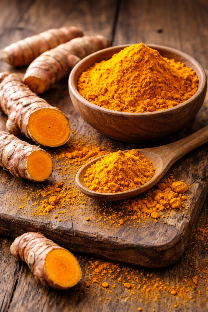 Fresh turmeric root and turmeric powder on a wooden board