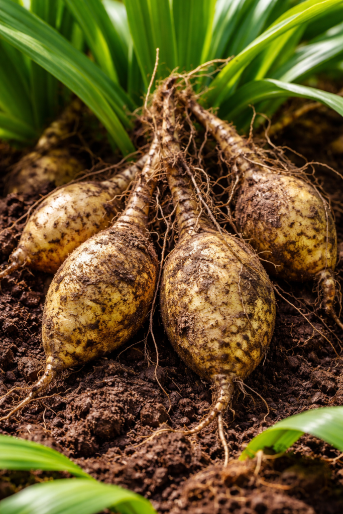 Fresh African potato tubers (Hypoxis hemerocallidea) with green leaves, native to southern Africa.