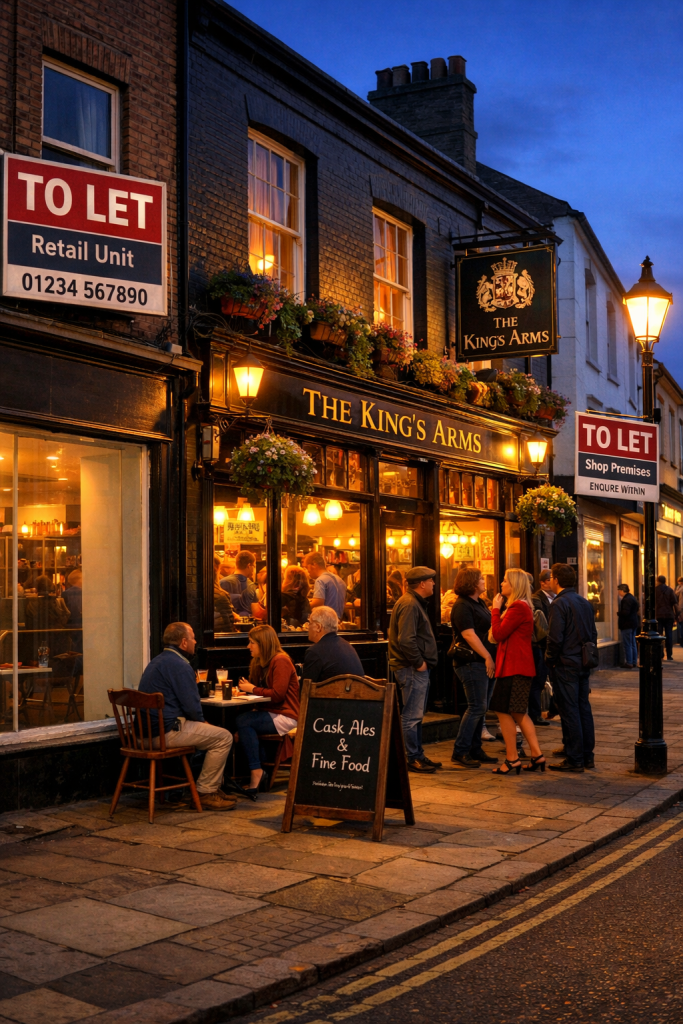 Independent UK pub on a high street at dusk with neighbouring empty shop units, illustrating pressure on hospitality businesses
