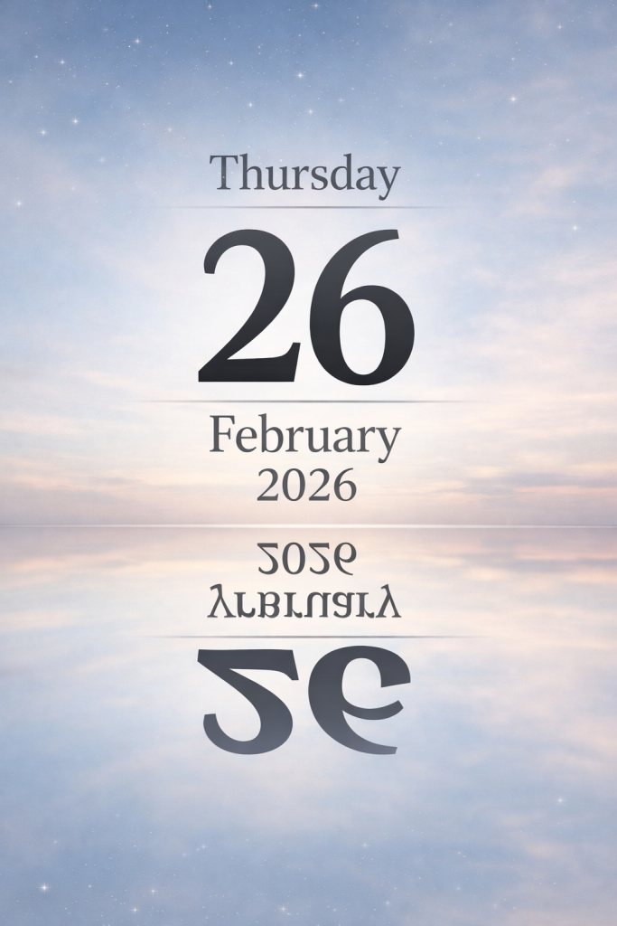Calendar displaying 26 February 2026 with mirrored reflection, symbolising a symmetrical date