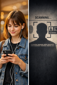 Illustration of a young person on a smartphone contrasted with a digital identity scan, symbolising safety versus surveillance