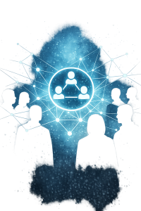 Silhouetted figures interacting in an anonymous online forum, symbolising privacy, collaboration, and free expression.