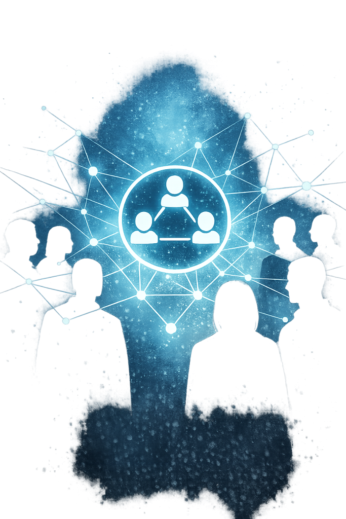 Silhouetted figures interacting in an anonymous online forum, symbolising privacy, collaboration, and free expression.