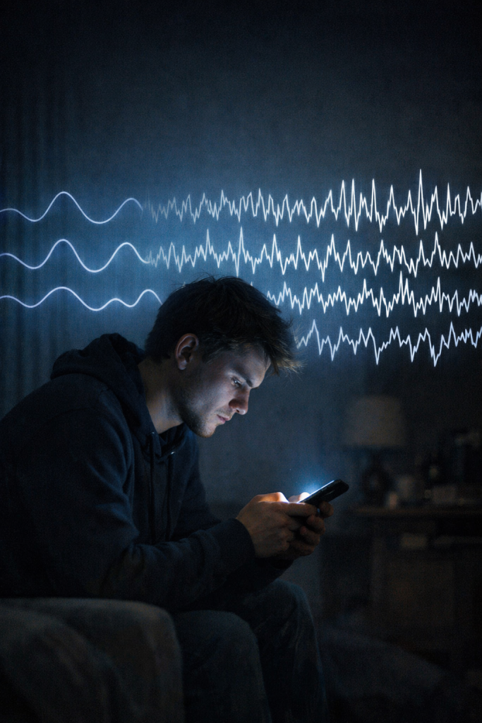 Person using a smartphone at night with visual overlay of alpha and beta brain wave patterns