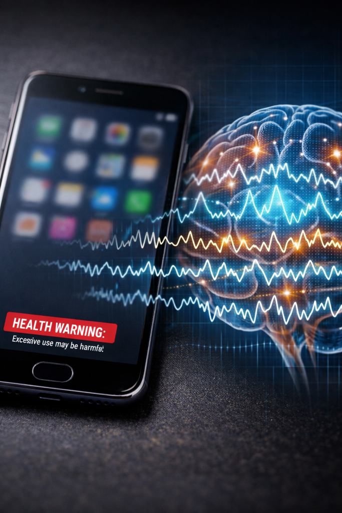 Smartphone displaying a health warning label with abstract brain wave patterns