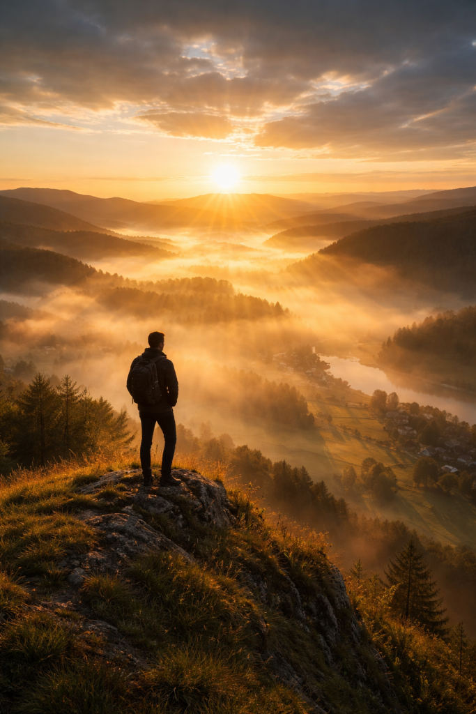 Person standing on a hill at sunrise symbolising release from shame and emotional freedom