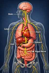 Diagram showing the vagus nerve connecting the brain to the heart, lungs and digestive system.