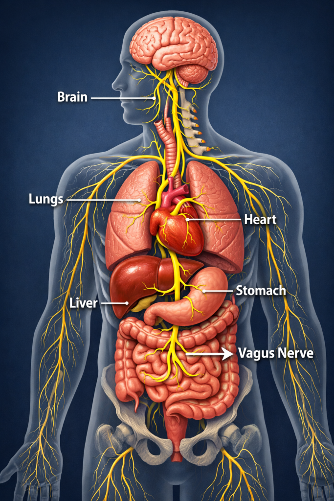 Diagram showing the vagus nerve connecting the brain to the heart, lungs and digestive system.