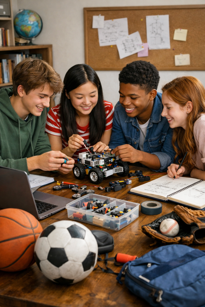 Teenagers collaborating on creative activities and hobbies without using social media