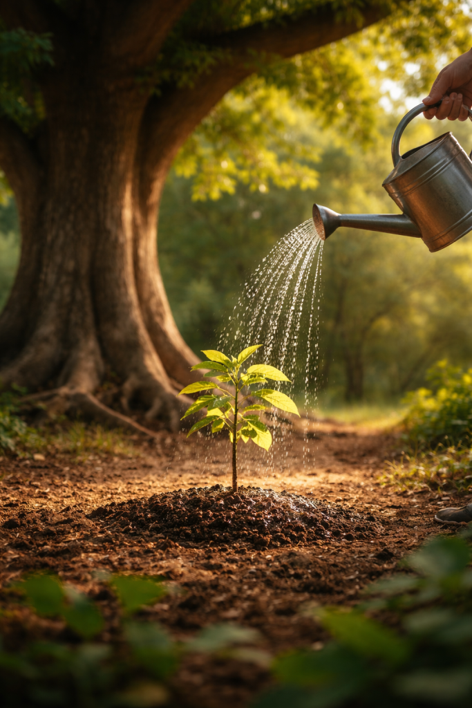 A small plant being nurtured under a large tree, representing mentorship and growth.