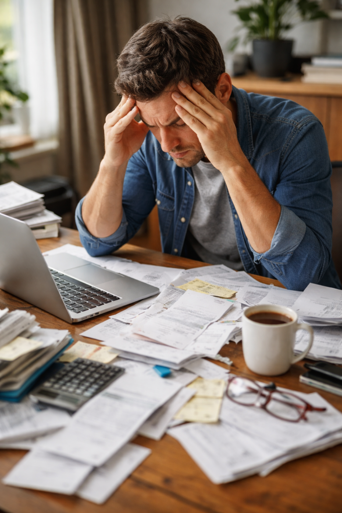Exhausted worker at cluttered desk surrounded by bills, laptop, and coffee, holding head in hands