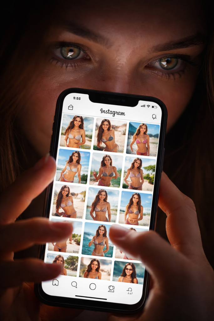 Smartphone displaying a repetitive Instagram feed of influencer images, highlighting scrolling behaviour and attention patterns.