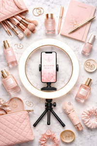 Social media setup with ring light and sponsored items arranged for a post