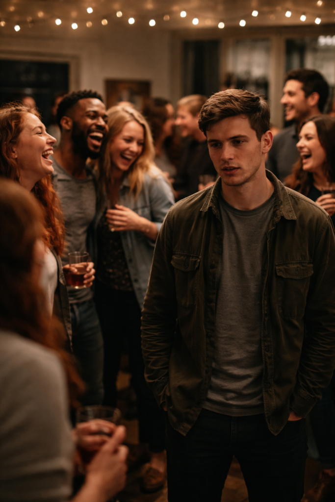 A person feeling invisible in a busy social setting