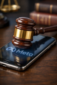 Gavel on smartphone screen displaying Meta logo, representing legal cases against social media platform