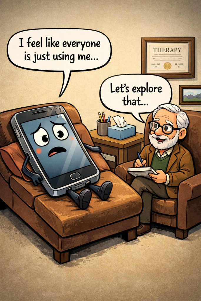 Phone with eyes and limbs, lying on a couch in a therapist office talking about “infinite scroll addiction