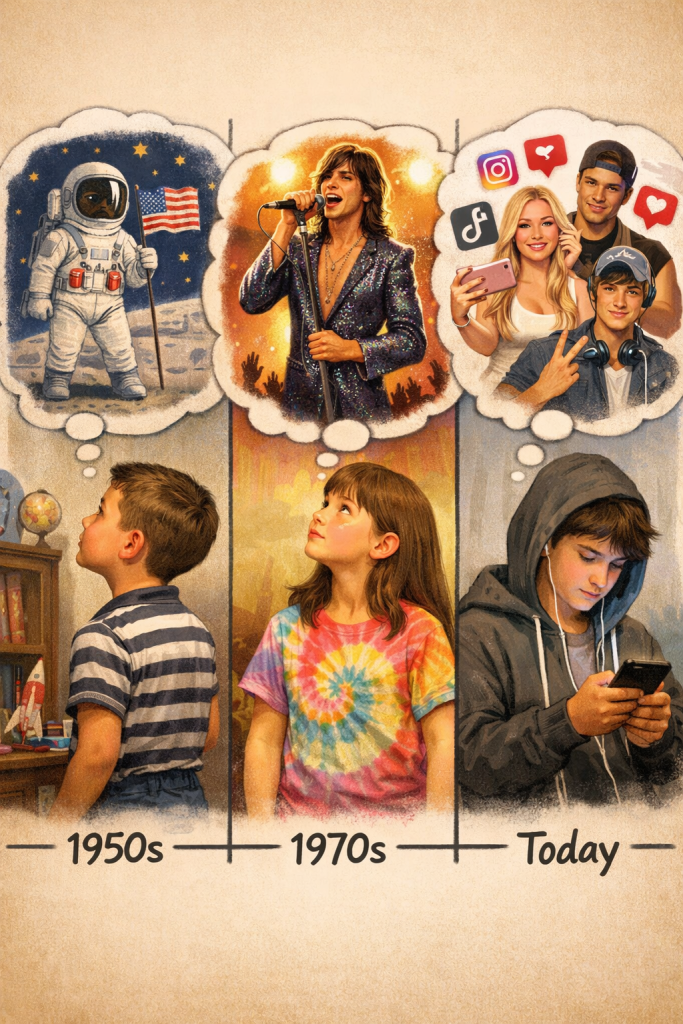Children across decades imagining their role models, from astronauts and pop stars to social media influencers.