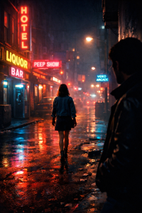 Moody 1980s street scene reflecting unease and power imbalance