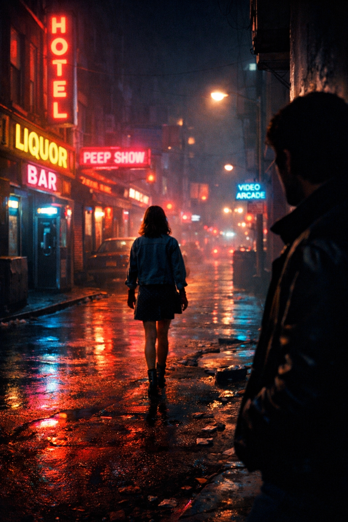 Moody 1980s street scene reflecting unease and power imbalance