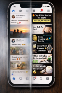 Social media feed prioritising suggested content over friends’ posts