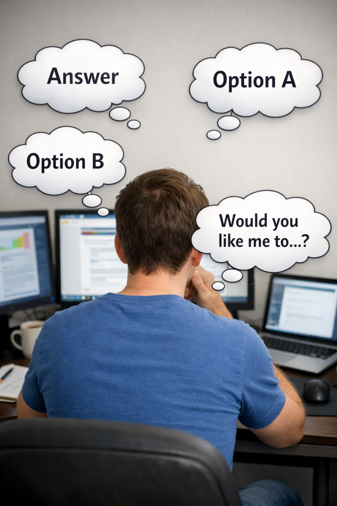 Person frustrated by AI repeatedly asking whether to continue or offer options