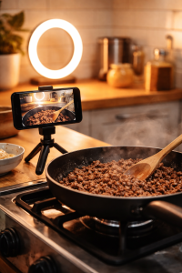 Smartphone recording someone frying mince in a modern kitchen setup.