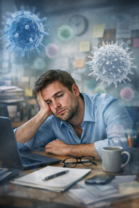 Exhausted person with long Covid symptoms struggling with fatigue and brain fog