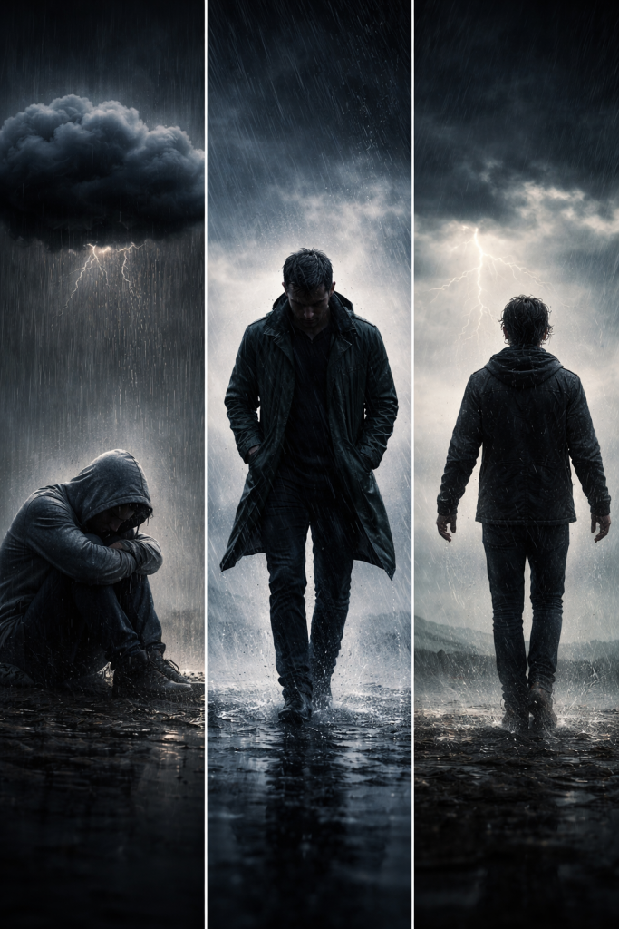 Three different human responses to adversity shown in a storm