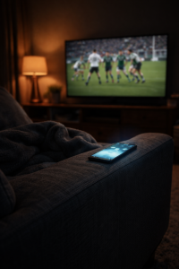 Phone lighting up with a friendly message during a quiet evening at home