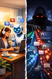 Illustration of AI acting as both a helpful collaborator and a data extractor simultaneously