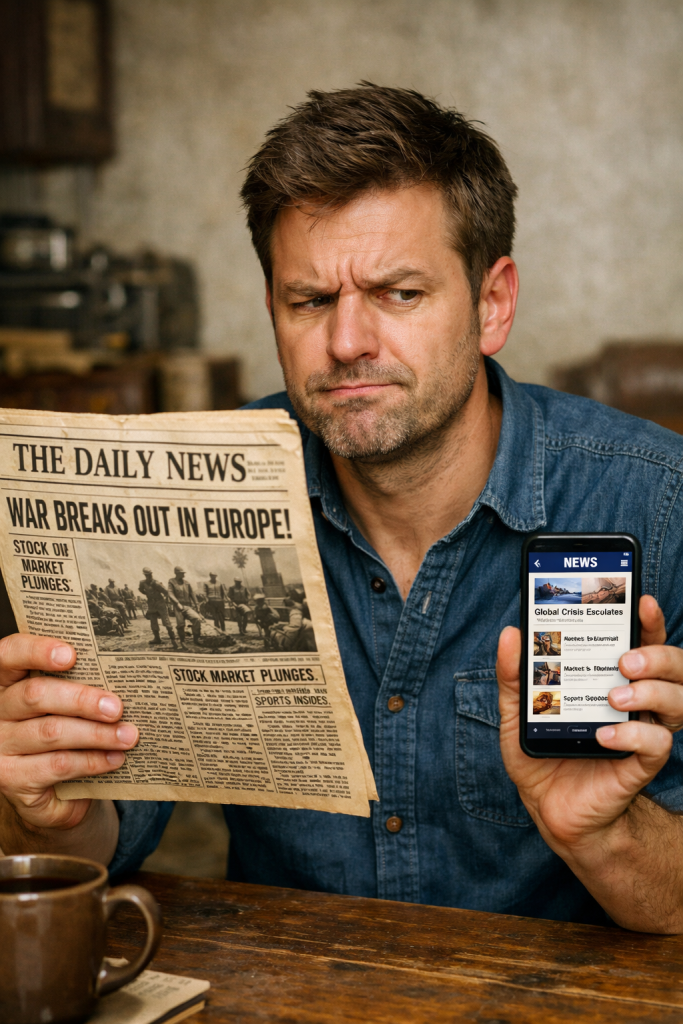 Person comparing traditional newspaper and smartphone news with a sceptical expression