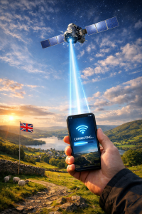 Smartphone connected to satellite network over rural UK countryside.