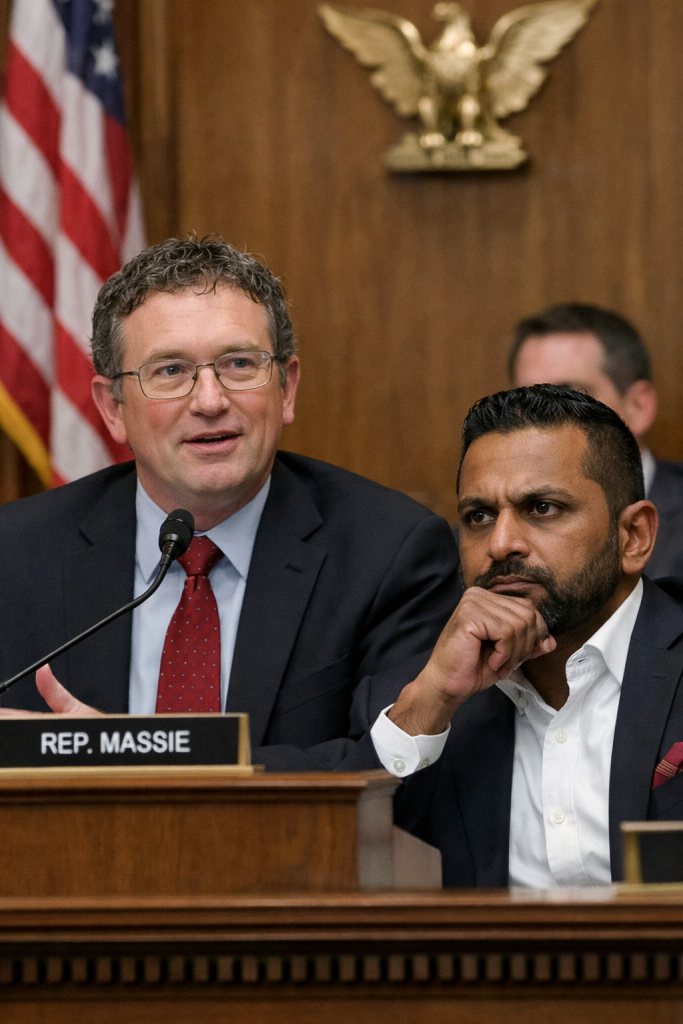 Thomas Massie questioning FBI Director Kash Patel during a congressional hearing, focused and composed