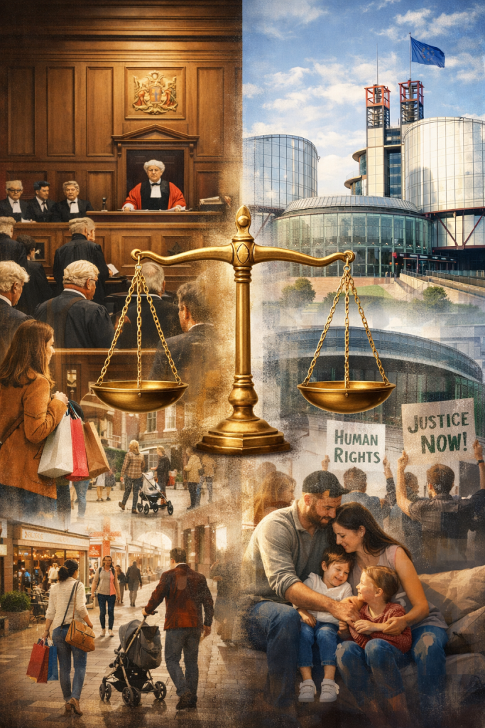 Split image showing UK legal system and European Court of Human Rights with everyday citizens affected by rights protections.