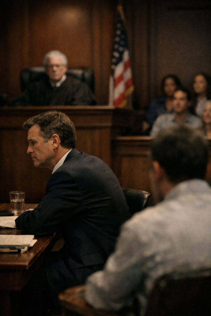 Defence lawyer appearing disengaged in courtroom while client sits beside them