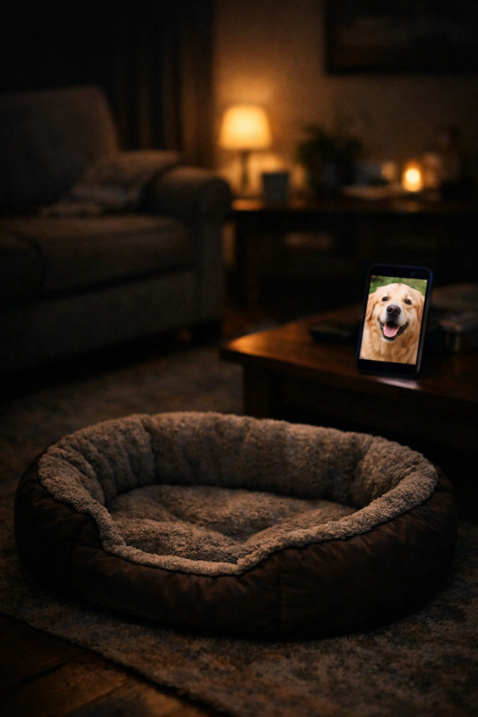 Empty pet bed with a phone displaying an old photo of a dog, symbolising digital reminders after loss.