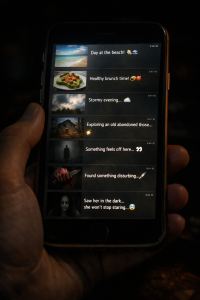 Smartphone feed transitioning into harmful content to illustrate algorithmic amplification