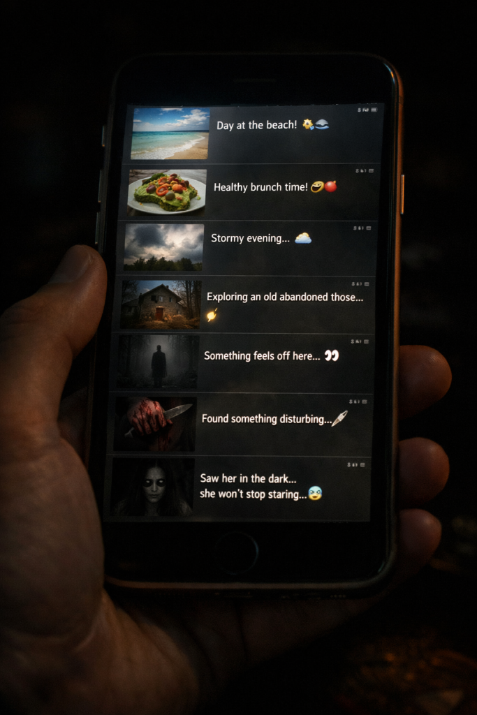 Smartphone feed transitioning into harmful content to illustrate algorithmic amplification