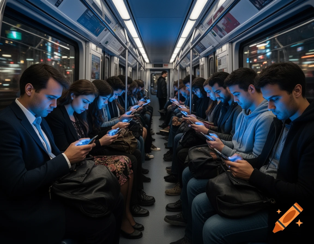 blue light Alt text: Commuters absorbed in smartphones, highlighting digital distraction and modern stress