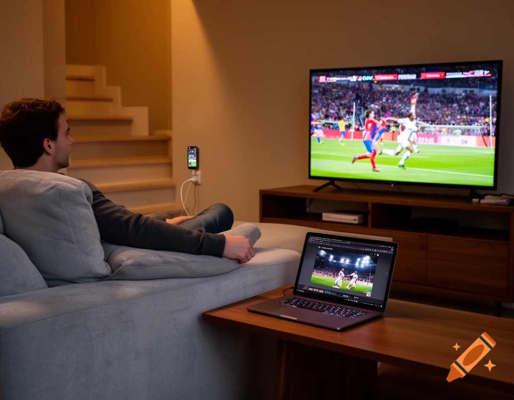 Home scene with TV sports, charging phone upstairs, and laptop struggling with video playback