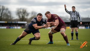 Rugby tackle incident with referee signalling a decision during play